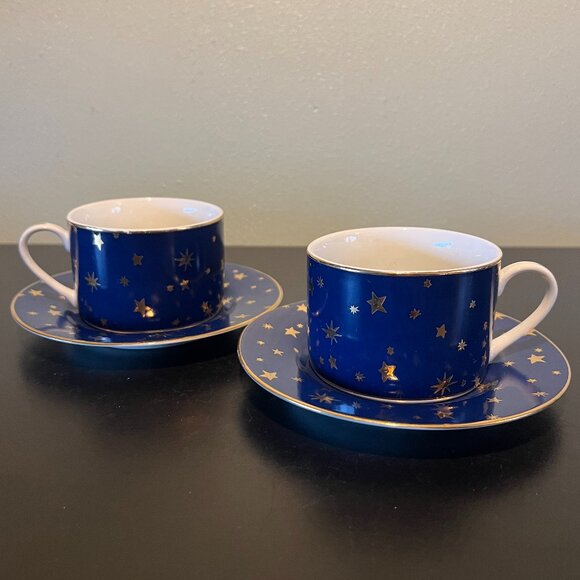 Set of 2 Vintage Sakura GALAXY Blue Fine Porcelain Cups & Saucers 14k Gold Stars - Picture 2 of 11